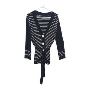 Ann Klein Navy & White Stipe V Neck Button Cardigan Belt Tie Classic Preppy Chic